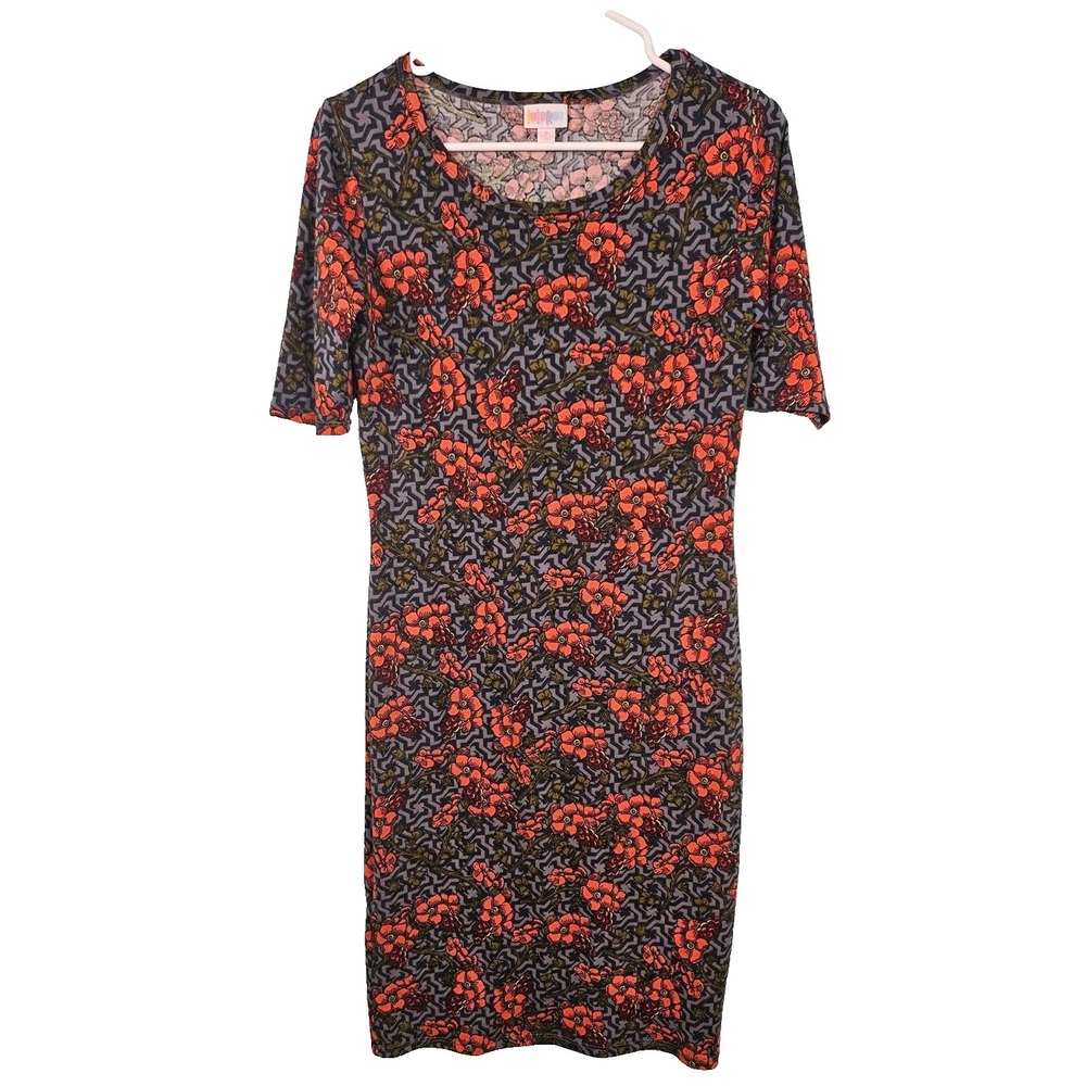 LuLaRoe Julia Dress Womens Small Orange Floral Geometric Sheath‎ Short Sleeve